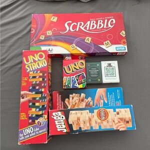 Scrabble, UNO, Jenga & Uno Stacko Board and Card Game Bundle + Two Decks Cards